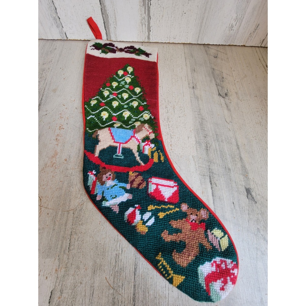 Vintage needlepoint Xmas tree stocking rocking horse toy home decor